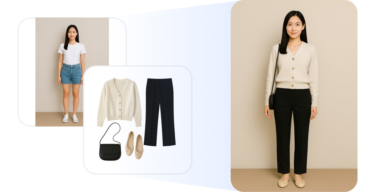 Acloset AI virtual try-on preview showing a selected outfit on a person