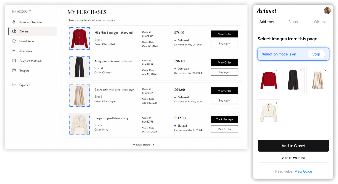 Turn purchases into your closet