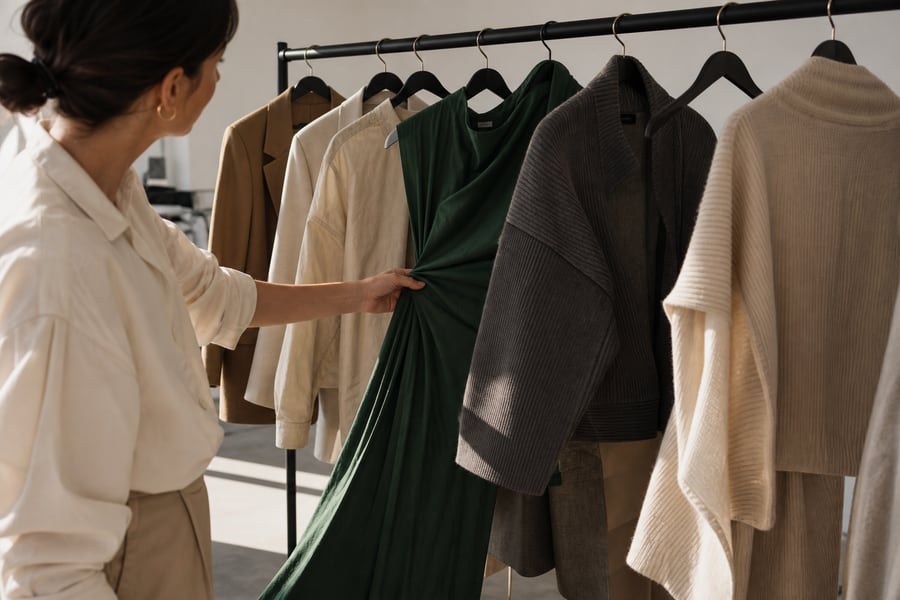 Comparing green dress silhouettes in a showroom