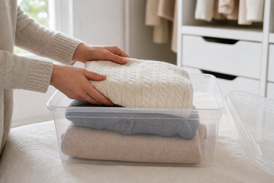 Clean, dry knitwear packed neatly into a storage box