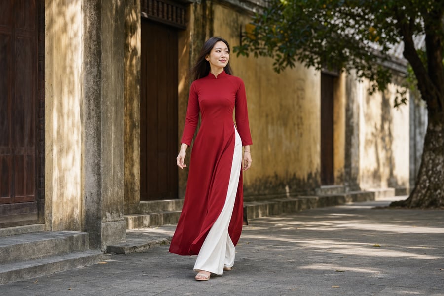 A person wearing a red Áo Dài walking through a courtyard