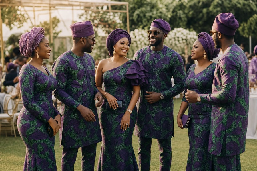 Nigerian wedding guests dressed in matching custom fabrics