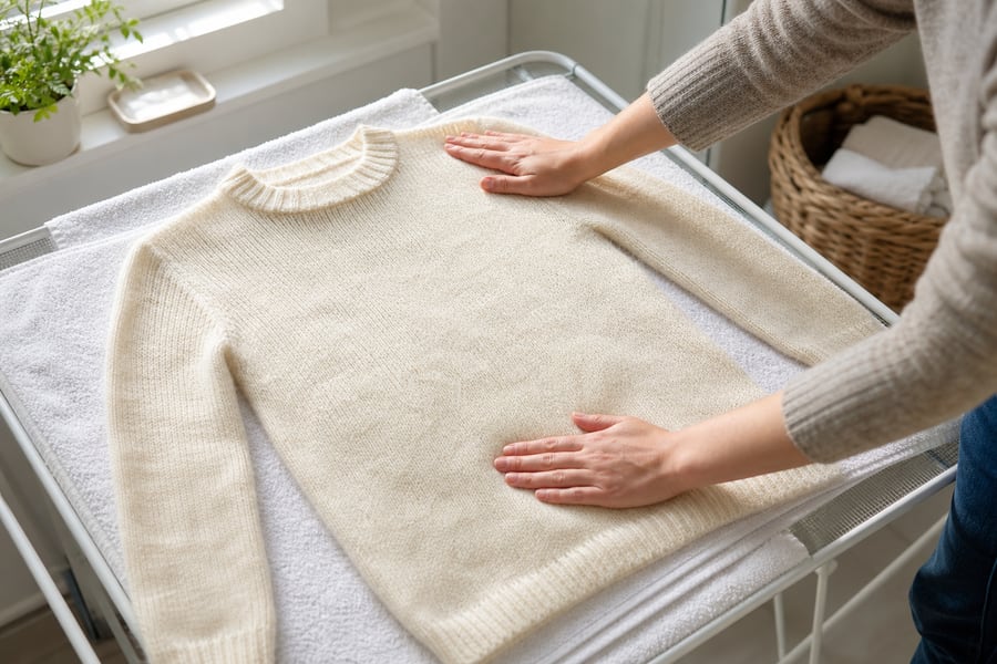 Gently shaping a sweater flat by hand to air dry