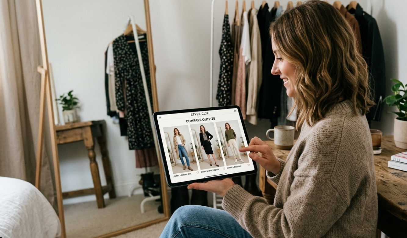Comparing multiple outfits on a tablet screen using Try On results